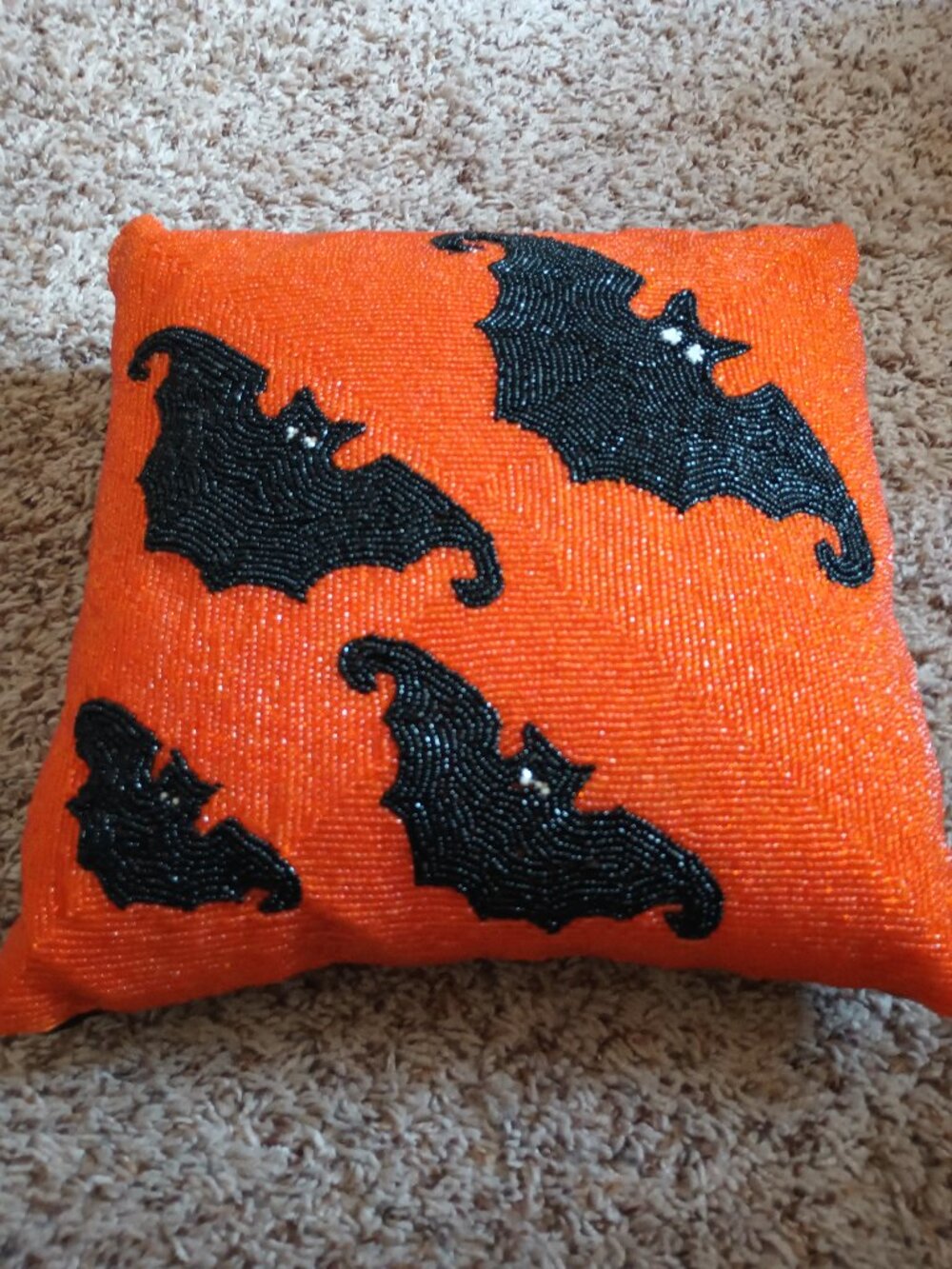 NEW Orange beaded Halloween pillow with black bats